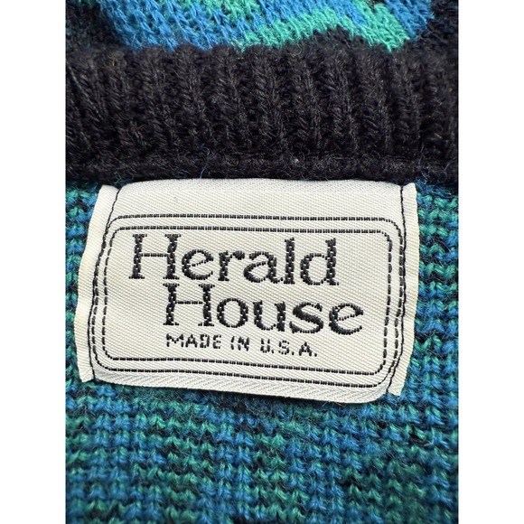 Vintage Herald House Sweater Mens Large Blue Green Black Acrylic Knit USA 80s - Picture 13 of 14